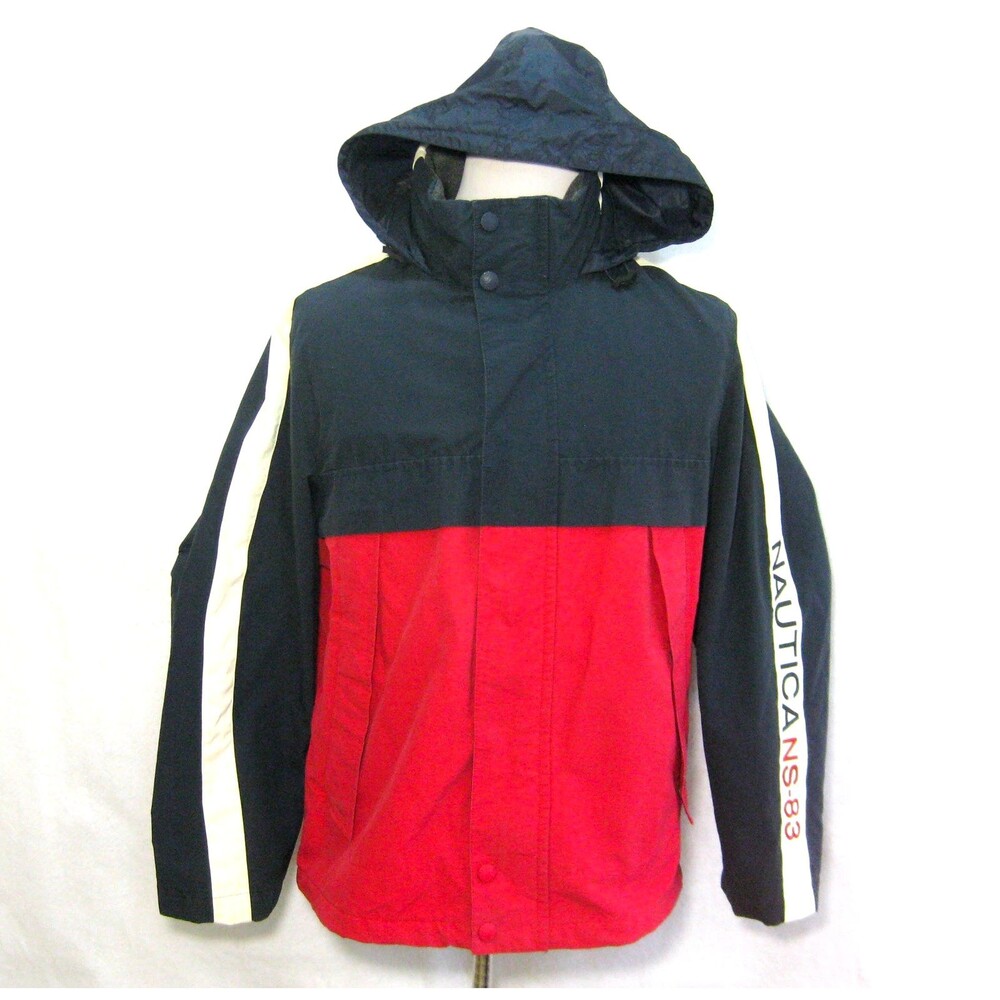 Nautica Sailing Jacket Mens Medium Red Blue Colorblock Hooded Raincoat Nautical